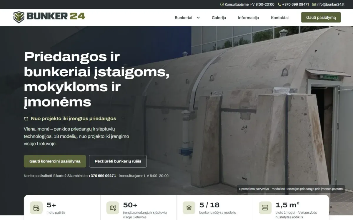 Bunker24 – įmonės svetainė: svetainė ekrane