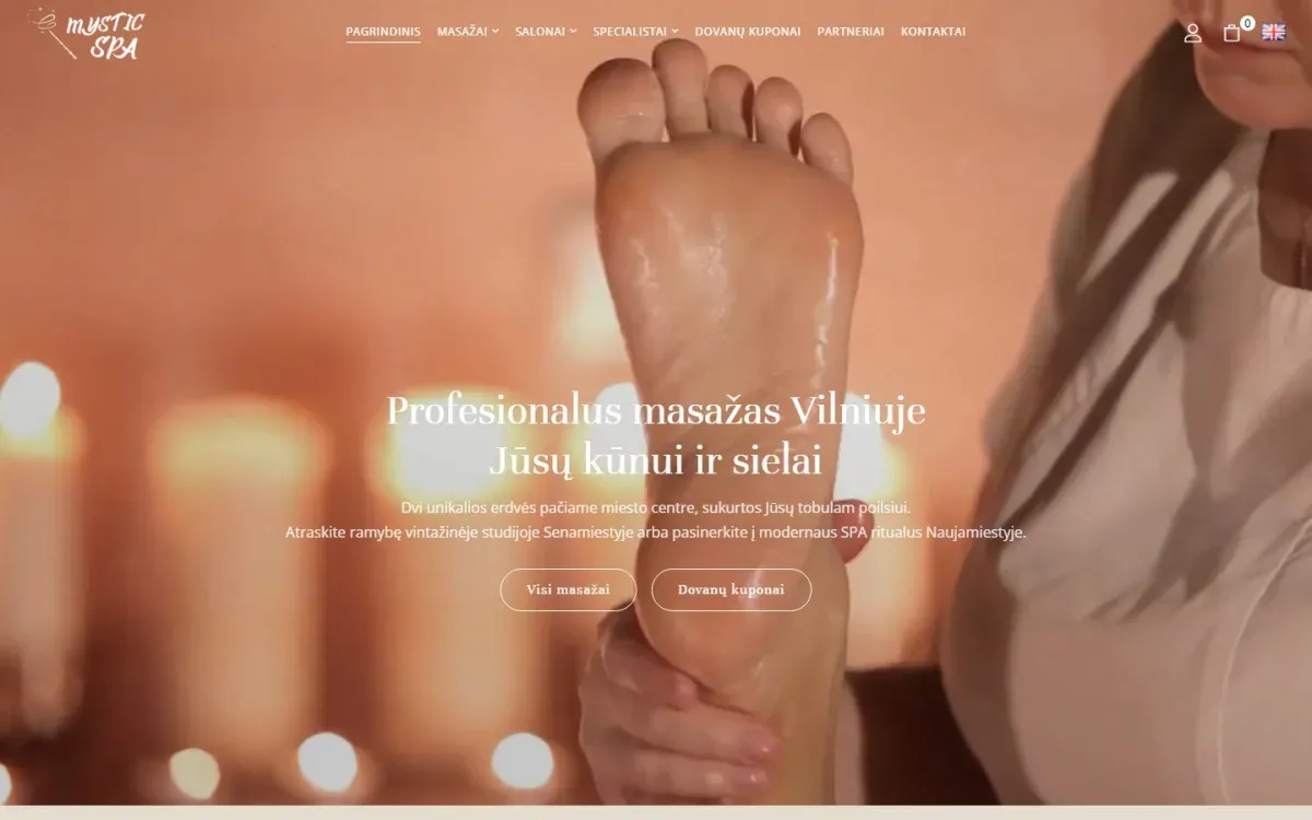 Mystic SPA – svetainė su el. parduotuve: svetainė ekrane