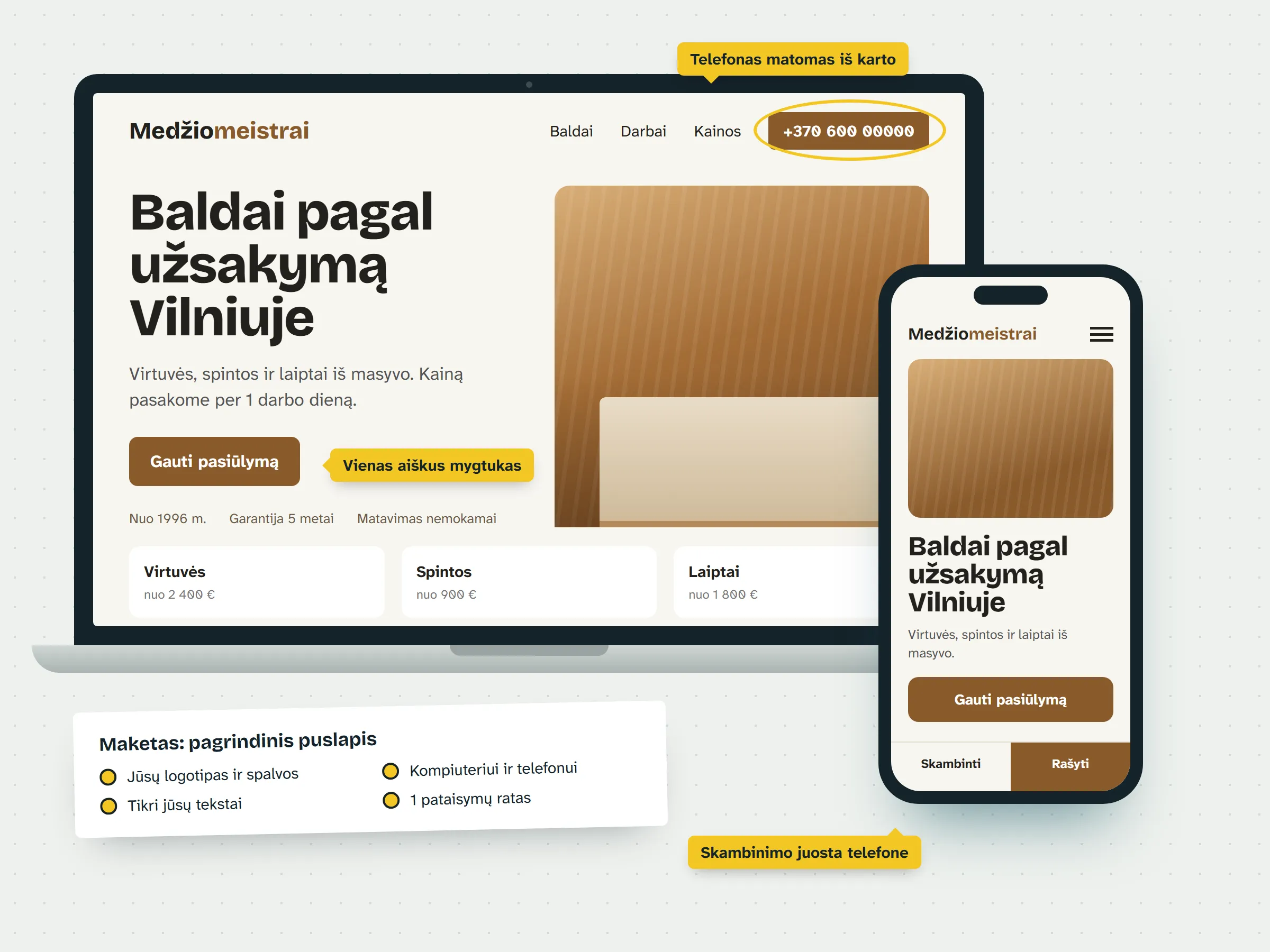 Naujos svetainės maketo pavyzdys: pagrindinis puslapis nešiojamajame kompiuteryje ir telefone su dizainerio pastabomis