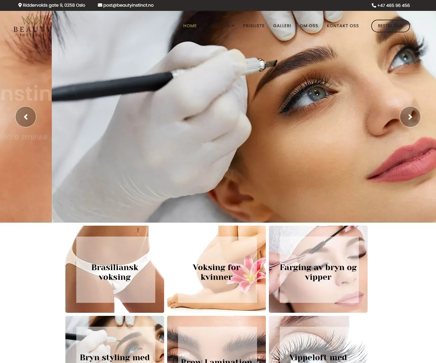 Atnaujinta Beauty Instinct svetainė: skaidrė „Beauty Instinct salong“ ir paslaugų nuotraukų tinklelis