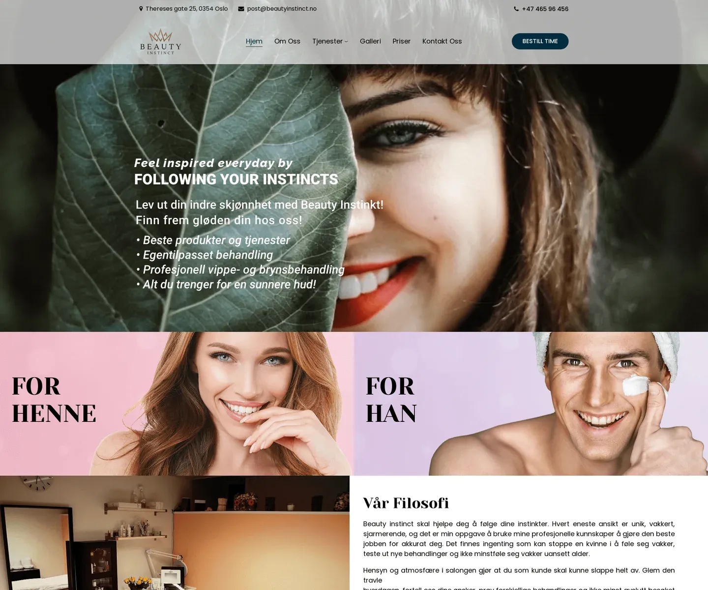 Sena Beauty Instinct svetainė: moters veidas su lapu ir užrašas „Feel inspired everyday“