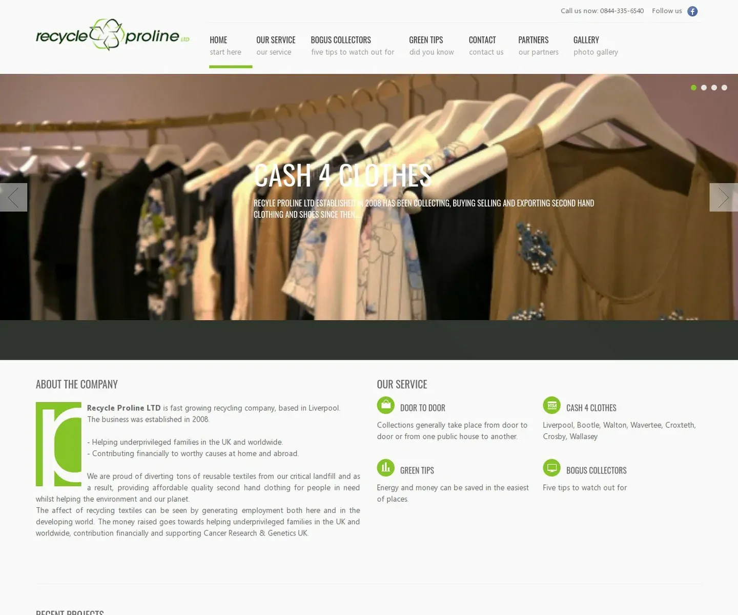 Sena Recycle Proline svetainė: žalias meniu, skaidrė „Cash 4 Clothes“ ir smulkus tekstas