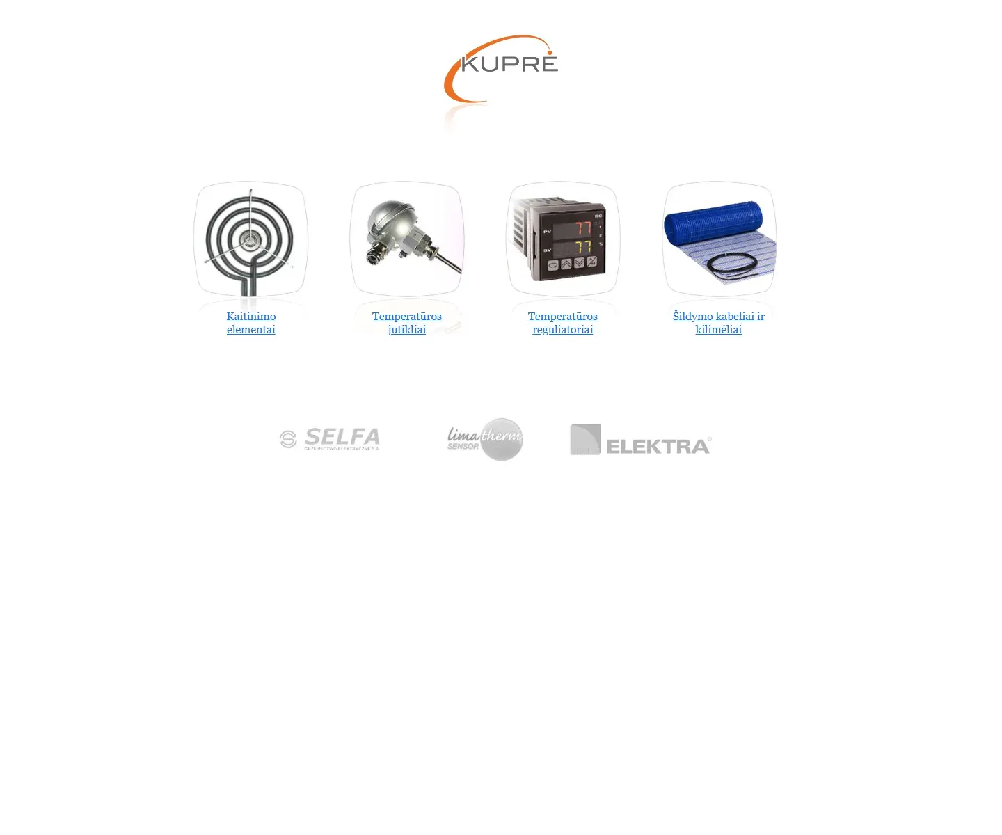 Sena kupre.lt svetainė 2023 m.: logotipas, keturios gaminių grupių piktogramos ir gamintojų logotipai baltame fone