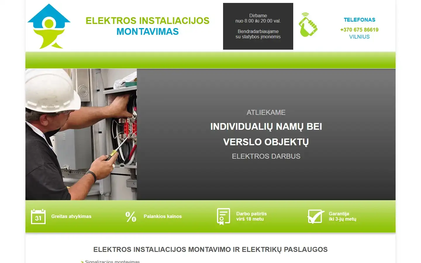 Sena elektroinstaliacija.lt svetainė 2020 m.: žalia vieno puslapio svetainė su paslaugų sąrašu