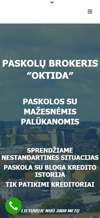 Sena paskolasuuzstatu.lt svetainė 2021 m.: Vilniaus panorama ir baltas tekstas „Paskolų brokeris OKTIDA“ (telefono ekranas)
