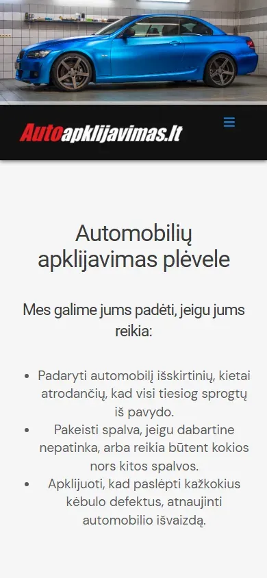 Sena Autoapklijavimas.lt svetainė 2020 m.: mėlynas BMW per visą ekraną, meniu po nuotrauka (telefono ekranas)