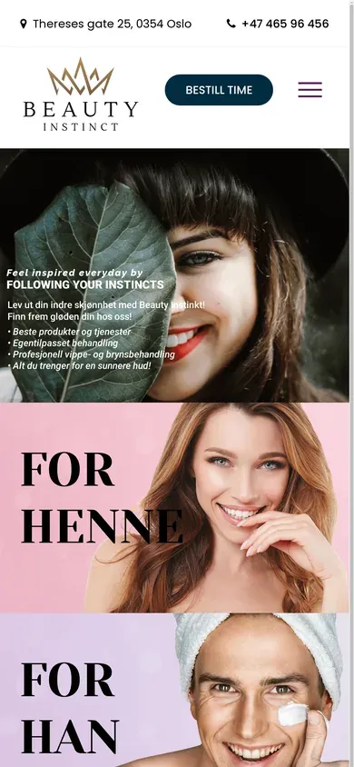 Sena Beauty Instinct svetainė: moters veidas su lapu ir užrašas „Feel inspired everyday“ (telefono ekranas)
