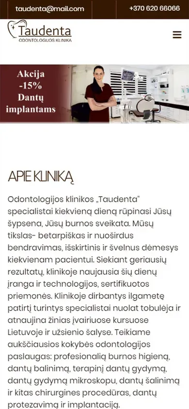 Sena Taudenta svetainė: balta, su gydytojos nuotrauka ir smulkiu tekstu „Apie kliniką“ (telefono ekranas)