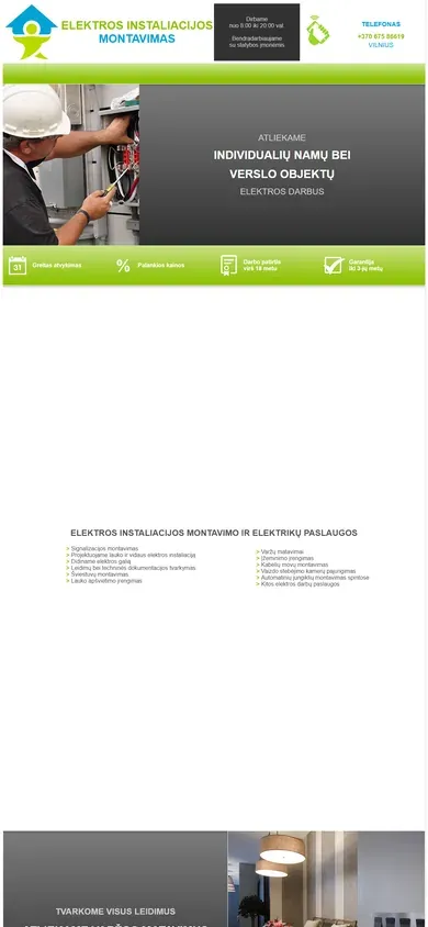 Sena elektroinstaliacija.lt svetainė 2020 m.: žalia vieno puslapio svetainė su paslaugų sąrašu (telefono ekranas)
