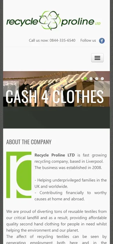 Sena Recycle Proline svetainė: žalias meniu, skaidrė „Cash 4 Clothes“ ir smulkus tekstas (telefono ekranas)