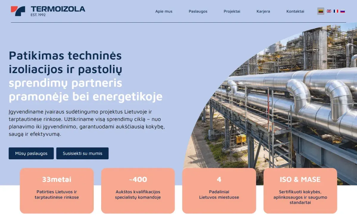 Termoizola – pramonė ir energetika: svetainė ekrane